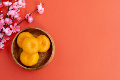 High angle view of orange slices in bowl