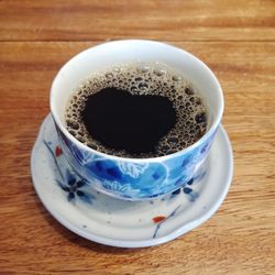 High angle view of black coffee on table