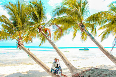 Palm trees on beach against sky