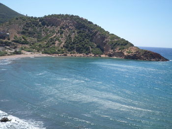 Scenic view of sea against clear blue sky