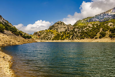 Scenic view of sea by mountain against sky