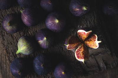 High angle view of fruits on wood