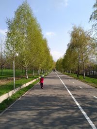 Rear view of person on road by trees against sky