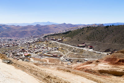 High angle view of land against clear sky