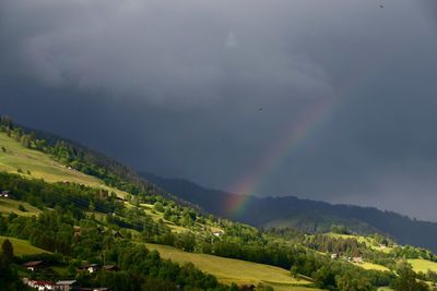 Scenic view of rainbow over mountain against sky