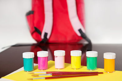 Close-up of colored pencils on table