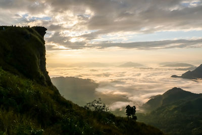 Scenic view of mountains against sky during sunset