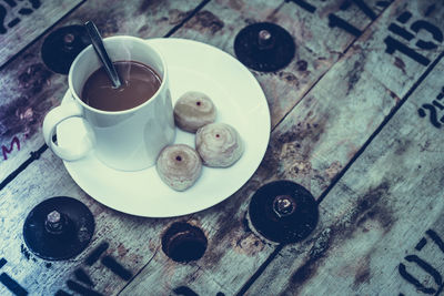 High angle view of coffee on table