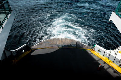 High angle view of ship sailing in sea