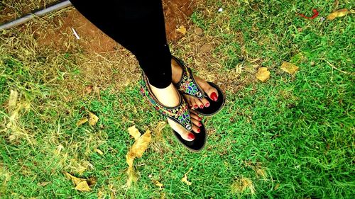 Low section of woman standing on grassy field