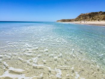 Scenic view of sandy beach against clear blue sky