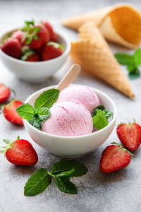 Homemade strawberry ice cream with fresh strawberries. sweet berry summer dessert. 