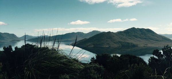 Scenic view of lake and mountains against sky