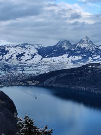 Scenic view of lake by snowcapped mountains against sky switzerland 