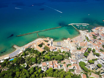 High angle view of city buildings