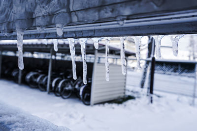Close-up of icicles against snow covered metal during winter