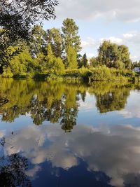 Reflection of trees in lake against sky