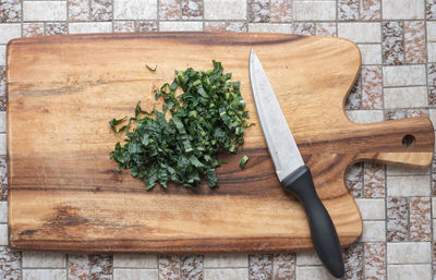 High angle view of chopped vegetables on cutting board