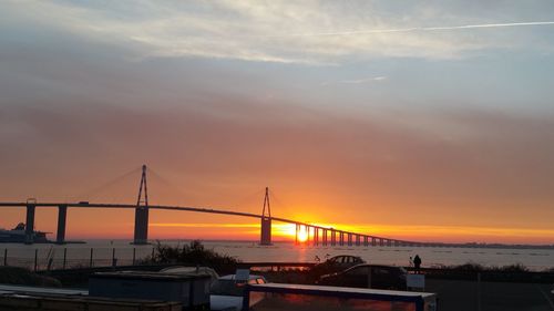 View of suspension bridge in city at sunset