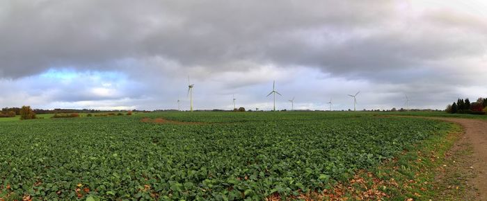 Scenic view of field against cloudy sky