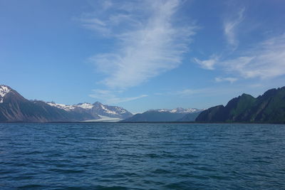 Scenic view of sea and mountains against blue sky