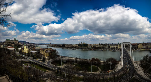 Cityscape against cloudy sky