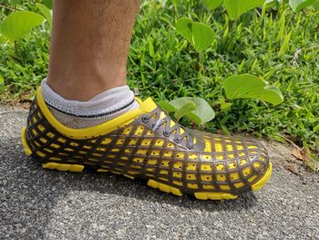 Low section of person standing on yellow leaf