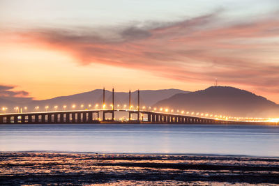 Bridge over sea against sky during sunset