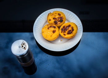 Close-up of portuguese pastry called pastel de nata on table