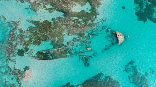 Aerial view of the ship wreck in the indian ocean in dar es salaam.