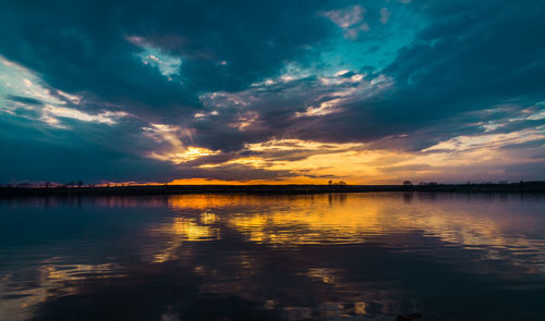 Scenic view of lake against dramatic sky