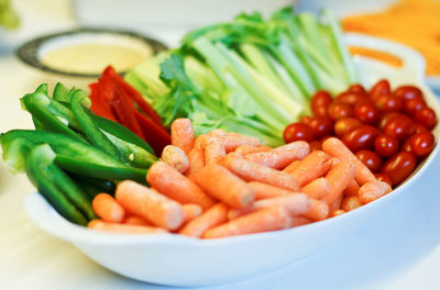 Close-up of chopped vegetables in bowl on table