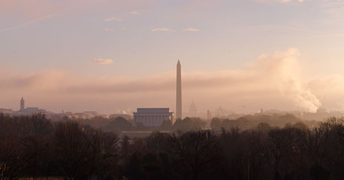 Panoramic view of city against sky during sunset