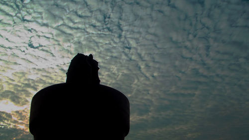 Rear view of silhouette man standing against statue