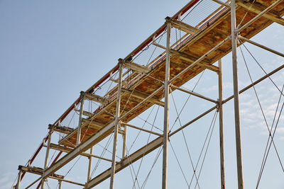 Low angle view of electricity pylon against clear sky