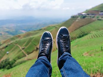 Low section of person wearing shoes on land