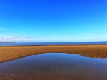 Scenic view of beach against clear blue sky