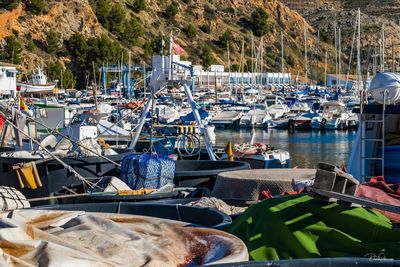 Boats moored in harbor