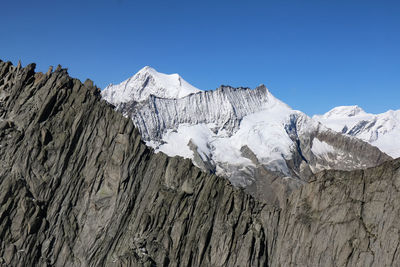 Low angle view of snowcapped rocky mountain against clear blue sky