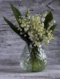 High angle view of lily-of-the-valley flowers in vase on wooden table