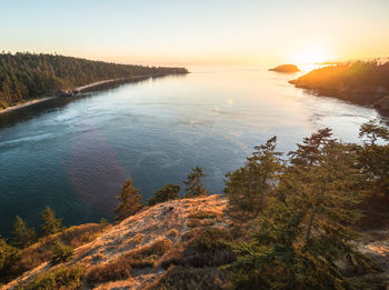 Scenic view of river against sky at sunset