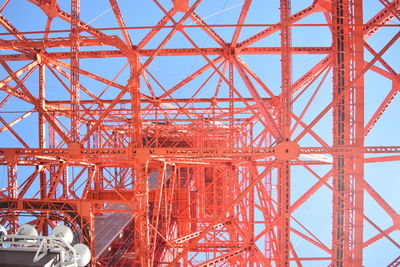 Low angle view of crane against clear blue sky