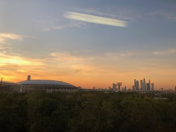 Buildings in city during sunset