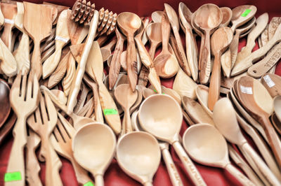 High angle view of various displayed on table