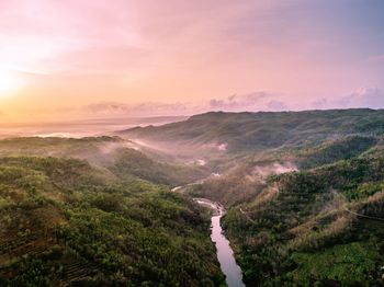 High angle view of landscape against sky during sunset