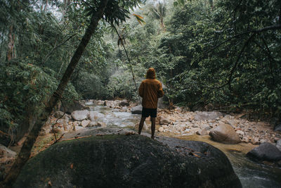 Rear view of man walking on rocks in forest