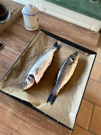 High angle view of fish on table