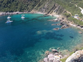 High angle view of sea and rocks