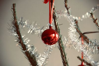 Close-up of christmas decorations hanging on tree