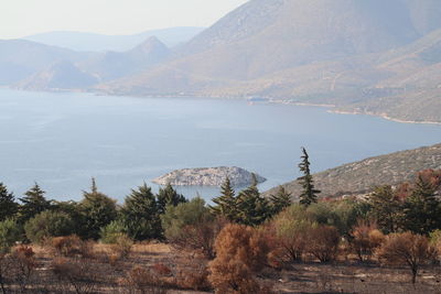 Scenic view of a coast line and mountains against sky with a burned forest in the foreground